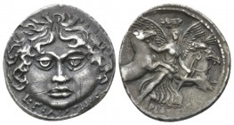 L. Plautius Plancus. Denarius circa 47, AR 19mm., 3.69g. Head of Medusa facing with dishevelled hair; below, L·PLAVTIVS. Rev. Victory facing, holding ...