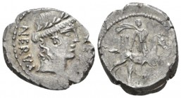 A. Licinius Nerva. Denarius circa 47, AR 19.5mm., 3.88g. FIDES – NERVA Laureate head of Fides r. Rev. Horseman galloping r., dragging with r. hand nak...