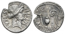 Denarius Sicily (?) 46, AR 18.5mm., 3.60g. COS·TERT – DICT·ITER Head of Ceres r., wearing wreath of barley. Rev. AVGVR Culullus, aspergillum, jug and ...