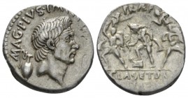 Sextus Pompeius. Denarius Sicily 37-36, AR 19mm., 3.63g. MAG·PIVS·IMP·ITER Head of Cn. Pompeius Magnus r.; behind jug and before, lituus. Rev. PRÆF Ne...