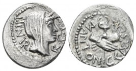 C. Caesar Octavianus and Marcus Antonius. Quinarius mint moving with Octavian 39, AR 15mm., 1.79g. III·VIR· – R·P·C Diademed head of Concordia r. Rev....