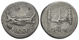 Marcus Antonius. Denarius fouree mint moving with M. Antonius 32-31, AR 17.5mm., 3.03g. ANT AVG – III·VIR·R·P·C Galley r., with sceptre tied with fill...