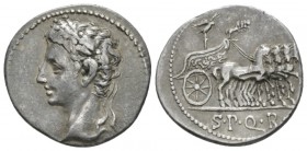 Octavian as Augustus, 27 BC – 14 AD Denarius Colonia Patricia circa 18 BC, AR 20mm., 3.81g. Oak-wreathed head l. Rev. Slow quadriga r., containing aqu...