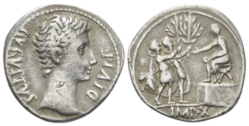 Octavian as Augustus, 27 BC – 14 AD Denarius Lugdunum circa 15-13 BC, AR 19mm., ...
