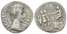 Octavian as Augustus, 27 BC – 14 AD Denarius Lugdunum circa 15-13 BC, AR 19mm., 3.70g. Bare head r. Rev. Soldier with parazonium offering branch to Au...