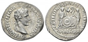 Octavian as Augustus, 27 BC – 14 AD Denarius Lugdunum circa 2 BC – 4 AD, AR 22mm., 3.81g. Laureate head r. Rev. Caius and Lucius standing facing, each...