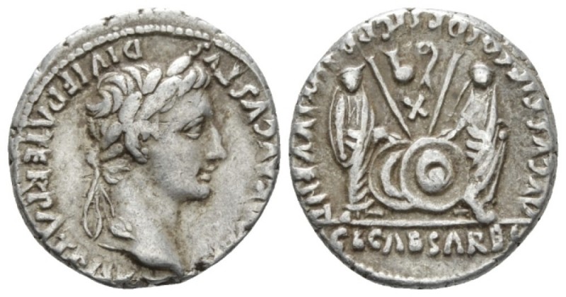 Octavian as Augustus, 27 BC – 14 AD Denarius Lugdunum circa 2 BC - 4 AD, AR 18mm...