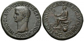 In the name of Nero Claudius Drusus, father of Germanicus and Claudius Sestertius circa 41-50, Æ 35mm., 29.90g. Bare head l. Rev. Claudius seated l. o...