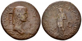 In the name of Antonia, wife of Nero Claudius Drusus Dupondius circa 41-50, Æ 30mm., 12.67g. Draped bust r., hair in long plait behind neck. Rev. Clau...