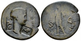 In the name of Antonia, wife of Nero Claudius Drusus Dupondius Germania Inferior circa 69-96, Æ 28mm., 11.07g. Countermark applied during the reign of...