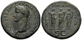Gaius, 37-41 Sestertius circa 37-38, Æ 35mm., 27.95g. Laureate head l. Rev. Gaius' three sisters standing to front in the respective roles-from l. to ...