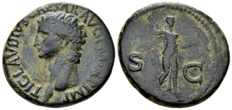 Claudius, 41-54 As circa 41-50, Æ 28mm., 12.56g. Bare head l. Rev. Minerva, helm...