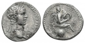 Nero, 54-68 Hemidrachm Caesarea (Cappadocia) circa 56-58, AR 14mm., 1.63g. Laureate head r. Rev. Victory seated on globe, holding wreath. C 351. RIC 6...