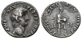 Nero, 54-68 Denarius circa 61-62, AR 19mm., 3.46g. Bare head r. Rev. Roma standing r. with foot on helmet, inscribing shield held on knee. C –. RIC 34...