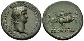 Nero, 54-68 Sestertius circa 64, Æ 35mm., 28.59g. Laureate head r., with aegis. Rev. Nero, bare-headed and in military attire, prancing r. on horsebac...