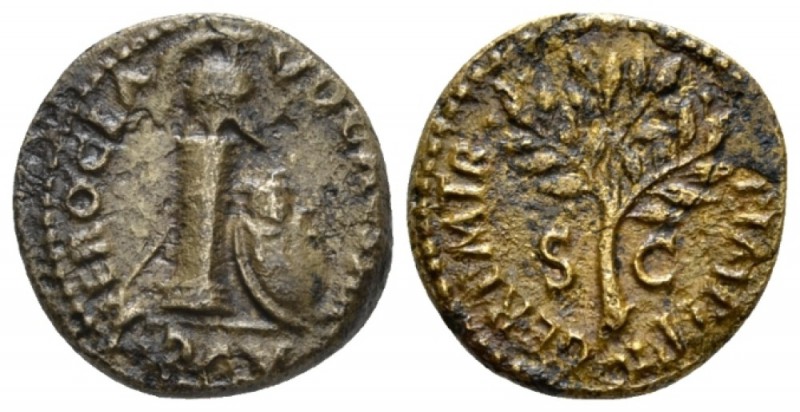 Nero, 54-68 Quadrans circa 64, Æ 15mm., 2.18g. Helmet set r. on column against w...