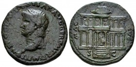 Nero, 54-68 Dupondius Lugdunum circa 65, Æ 30mm., 15.33g. Laureate head l., with globe at point of neck. Rev. Frontal view of the Macellus Magnus flan...