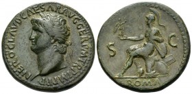 Nero, 54-68 Sestertius circa 65, Æ 35mm., 27.80g. Laureate head l. Rev. Roma seated l. on cuirass, holding Victory and parazonium; behind her, two shi...
