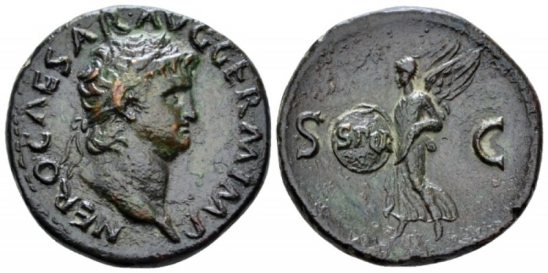 Nero, 54-68 As circa 65, Æ 28mm., 10.94g. Laureate head r. Rev. Victory flying l...