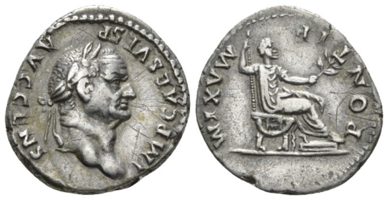 Vespasian, 69-79 Denarius circa 73, AR 20mm., 3.34g. Laureate head r. Rev. Vespa...