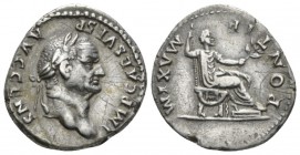 Vespasian, 69-79 Denarius circa 73, AR 20mm., 3.34g. Laureate head r. Rev. Vespasian seated r. on curule chair, holding branch and sceptre. C 387. RIC...