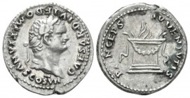 Domitian caesar, 69 – 81. Denarius circa 80-81, AR 18.2mm., 3.54g. Laureate and bearded head r. Rev. Garlanded and lighted altar. C 215. RIC Titus 266...