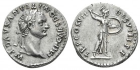 Domitian, 81-96 Denarius circa 81, AR 19mm., 3.35g. Laureate and bearded head r. Rev. Minerva advancing r., brandishing javelin and holding round shie...
