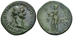 Domitian, 81-96 As circa 85, Æ 28mm., 10.20g. Laureate bust r., with aegis. Rev. Aeternitas standing l., holding faces on sun and moon. C 7. RIC 376....