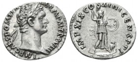 Domitian, 81-96 Denarius 14th September-31st December 88, AR 19mm., 3.59g. Laureate head r. Rev. Minerva standing r. on captial of rostral column, hol...