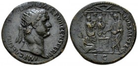 Domitian, 81-96 Dupondius circa 88, Æ 28mm., 12.72g. Radiate head r. Rev. Domitian standing l. over altar; Tiber reclining l.; flute and lyre players ...