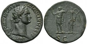 Domitian, 81-96 Sestertius circa 92-94, Æ 34mm., 23.73g. Laureate head r. Rev. Domitian standing l., holding thunderbolt and spear, crowned by Victory...