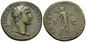 Trajan, 98-117 Sestertius circa 101-102, Æ 35mm., 29.66g. Laureate bust r. with drapery on l. shoulder. Rev. Mars advancing r. holding spear and troph...