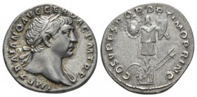 Trajan, 98-117 Denarius circa 107-108, AR 18mm., 3.48g. Laureate bust r., with drapery on l. shoulder. Rev. Trophy. C 100 var. (no drapery). RIC 147 v...