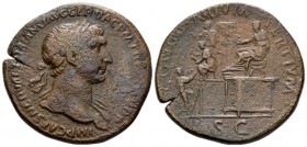 Trajan, 98-117 Sestertius circa 107-108, Æ 33mm., 21.48g. Laureate bust r. with drapery on far shoulder. Rev. Trajan seated l. on platform, before him...