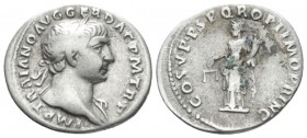 Trajan, 98-117 Denarius circa 108-109, AR 20mm., 3.30g. Laureate bust r., with drapery on l. shoulder. Rev. Concordia standing l., holding scales in r...