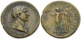 Trajan, 98-117 Sestertius circa 107-110, Æ 34mm., 26.27g. Laureate bust r., with drapery on far shoulder. Rev. Trajan standing l. in military attire, ...
