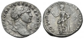 Trajan, 98-117 Denarius circa 110, AR 18mm., 3.34g. Laureate bust r. with drapery on l. shoulder. Rev. Felicitas standing l., holding caduceus and lea...