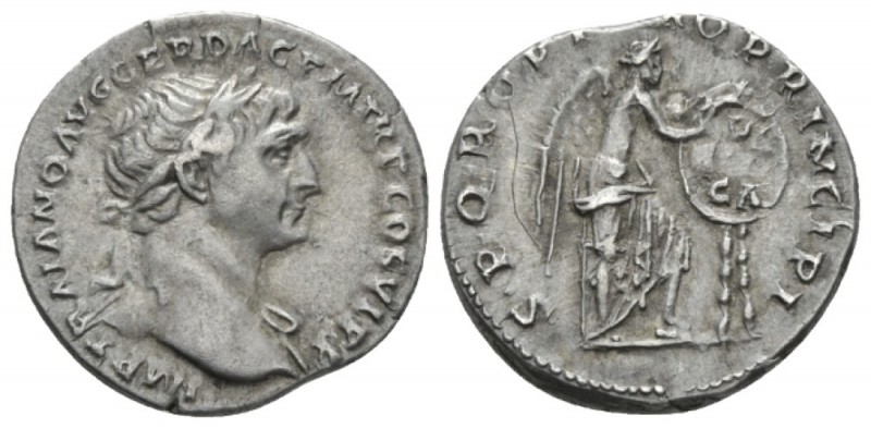 Trajan, 98-117 Denarius circa 111, AR 19mm., 3.23g. Laureate bust r., with drape...