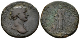 Trajan, 98-117 Dupondius circa 111, Æ 28mm., 12.32g. Laureate bust r., with drapery on l. shoulder. Rev. Annona standing facing, head l., holding corn...