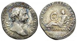 Trajan, 98-117 Denarius circa 112-113, AR 18mm., 3.22g. Laureate bust r., drapery on l. shoulder. Rev. Via Traiana reclining l., head r., holding whee...