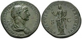 Trajan, 98-117 Sestertius circa 114-117, Æ 35mm., 25.82g. Laureate and draped bust r. Rev. Felicitas standing l., holding caduceus and cornucopiae. C ...