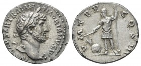 Hadrian, 117-138 Denarius circa 119-122, AR 19mm., 3.25g. Laureate head r. Rev. Hadrian standing facing, head to l., holding rudder on globe and inver...