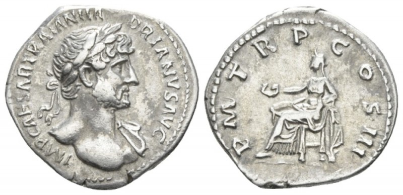 Hadrian, 117-138 Denarius circa 119-122, AR 19mm., 3.46g. Laureate bust r., drap...