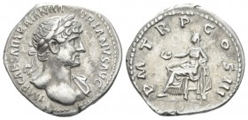 Hadrian, 117-138 Denarius circa 119-122, AR 19mm., 3.46g. Laureate bust r., drapery on l. shoulder. Rev. Salus seated l., feeding from patera a snake ...