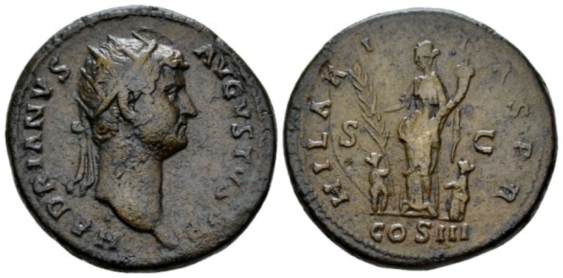 Hadrian, 117-138 Dupondius circa 134-138, Æ 27mm., 11.68g. Radiate head r. Rev. ...