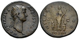 Hadrian, 117-138 Dupondius circa 134-138, Æ 27mm., 11.68g. Radiate head r. Rev. Hilaritas standing l., holding long palm branch and cornucopia; to l.,...