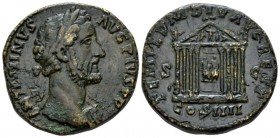 Antoninus Pius, 138-161 Sestertius circa 145-161, Æ 30mm., 23.91g. Laureate bust r., with aegis. Rev. Octastyle temple, containing facing seated statu...