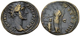 Antoninus Pius, 138-161 Dupondius circa 151-152, Æ 27mm., 12.67g. Radiate head r. Rev. Salus standing l., feeding snake coiled around altar out of pat...