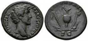Marcus Aurelius Caesar, 139-161 As circa 140-144, Æ 27mm., 13.71g. Bare head r. Rev. Knife, sprinkler, jug, lituus and simpulum. C 455. RIC A. Pius 12...