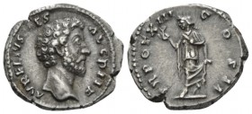 Marcus Aurelius Caesar, 139-161 Denarius circa 158-159, AR 18mm., 3.26g. Bare head r. Rev. Spes advancing l., holding flower and raising hem of skirt....